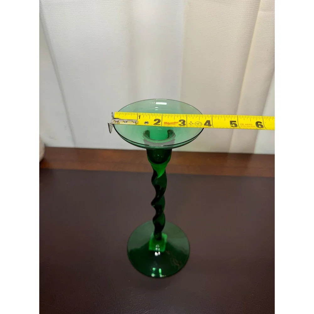 Emerald Green Glass Spiral Twist Stem Candlestick Holder Mid Century Modern 9.5